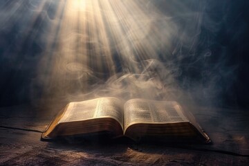 Open bible on a dark background with rays of light coming out from the pages