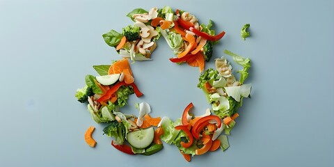Closeup photo of recycling symbol created with food waste and peelings. Concept Food Waste Art, Recycling Symbol, Closeup Photography, Sustainable Creativity