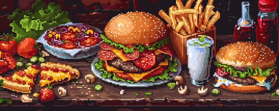 A pixel art rendition of a classic arcade game food, such as a pixelated pizza or a pixelated hamburger, their pixelated ingredients bursting with flavor.
