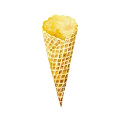 Ice cream waffle cone. Watercolor illustration isolated on white background. Greeting cards, invitations, food and cosmetic labels, posters, banners.