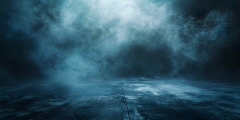 Fototapeta premium A dark room with concrete floor, black space, white fog, and blue mist. Concept Dark Room, Concrete Floor, Black Space, White Fog, Blue Mist