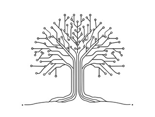 Technology Interwoven with Nature: Single-Line Tree with Circuit Branches Crossing into Digital Realm