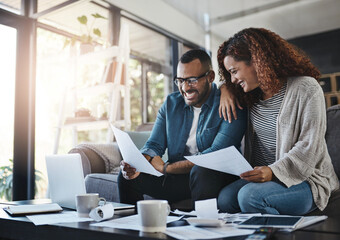 Fototapeta premium Growth, finance documents or happy couple with budget paperwork and planning savings in home. Investment, smile or people organizing bills checklist for paying debt or financial household expenses