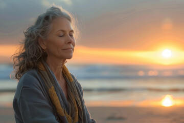 Woman meditating on beach at sunset