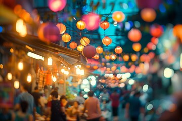 Fototapeta premium Colorful Outdoor Market with Lanterns and Festive Lights