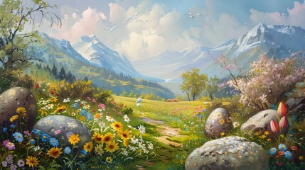 Painting of a spring landscape with flowers and easter eggs