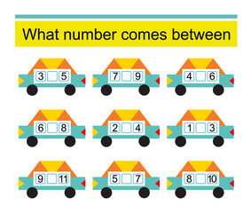 What number comes between? Math worksheets for children. Vector illustration of cartoon car.