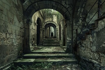 Fototapeta premium Exploring the eerie and mysterious abandoned hallway with overgrown archways and ancient stone architecture. A grim and spooky adventure in the forgotten historical building