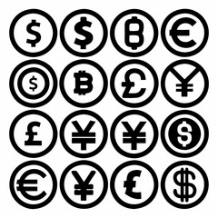Currency symbols in circular shapes on white background
