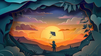  Papercut illustration of a person with kite at sunset