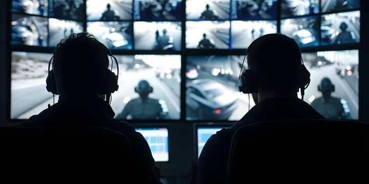 FBI agents use satellite surveillance to track suspect vehicles in a monitoring room. Concept Surveillance Technology, Law Enforcement Tactics, Satellite Tracking, Suspect Vehicles, Monitoring Room