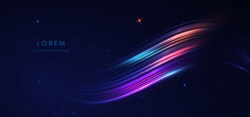 Obraz premium Abstract technology futuristic neon geometric glowing blue and red diagonal light lines with speed motion blur effect on dark blue background.