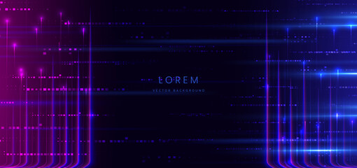 Abstract technology futuristic glowing neon blue and pink light lines with speed motion moving on dark blue background with lighting effect.