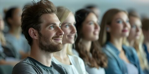 Students from various backgrounds attentively listening to a lecture in a university auditorium. Concept University Lecture, Student Diversity, Attentive Listening, Educational Environment