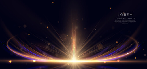 Abstract glowing gold diagonal lighting lines on dark  background with lighting effect and sparkle with copy space for text. © Pramote