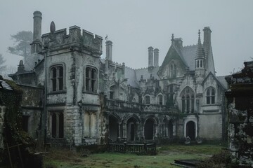 Fototapeta premium Eerie image of a forsaken gothic mansion shrouded in mist, invoking a sense of mystery