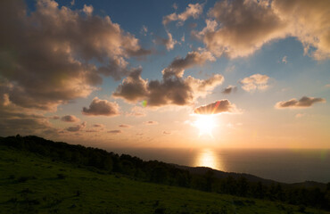 Northern Way of St. James. Sunset on the Northern Way over the Cantabrian Sea from Mount Jaizkibel, Euskadi.