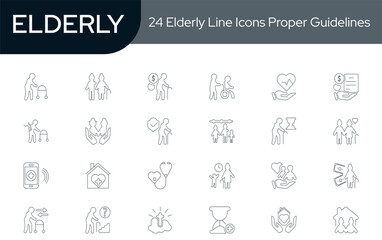 WebCollection of 24 elderly line icons. These design elements are suitable for your projects and are provided as vector illustrations.