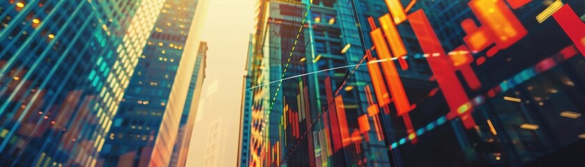 stock chart on a tall building close up, focus on, copy space, vibrant colors, Double exposure silhouette with Wyvern wings