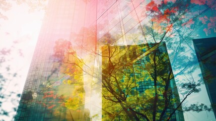 tall building with forest reflection close up, focus on, copy space, vivid contrast, Double exposure silhouette with Tengu presence