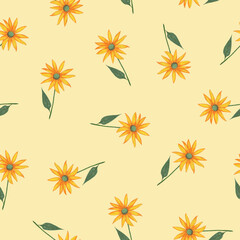 Topinambur Flower Seamless Pattern. Hand Drawn Floral Digital Paper on Yellow Background.