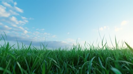 Fototapeta premium Panoramic Sunrise: Vast Blue Sky and Vibrant Green Fields
