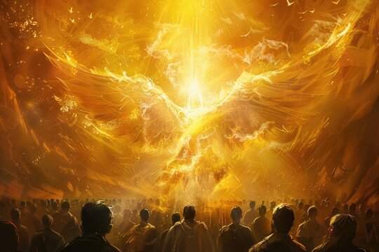 Pentecost Sunday. The Holy Spirit Comes as Tongues of Fire. Digital illustration of the Holy Spirit descending on the believers. Rear view.