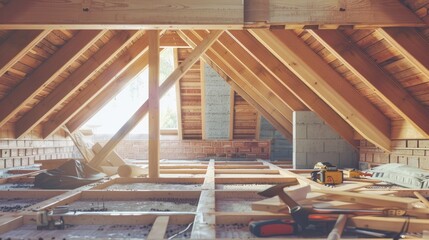 Fototapeta premium Unfinished Attic Space with Wood Beams and Tools