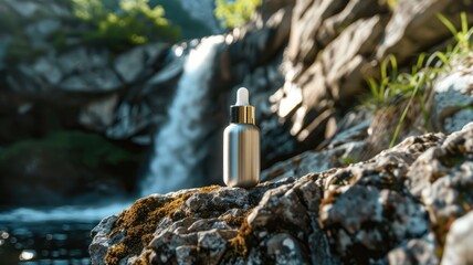Dropper bottle on rock by waterfall in nature