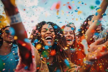 Fototapeta premium Lively and Colorful Group Celebration with Confetti at an Outdoor Event