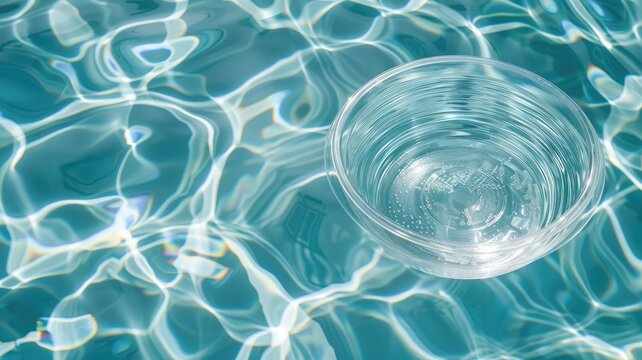 Clear glass bowl floats on rippling water surface, reflecting light