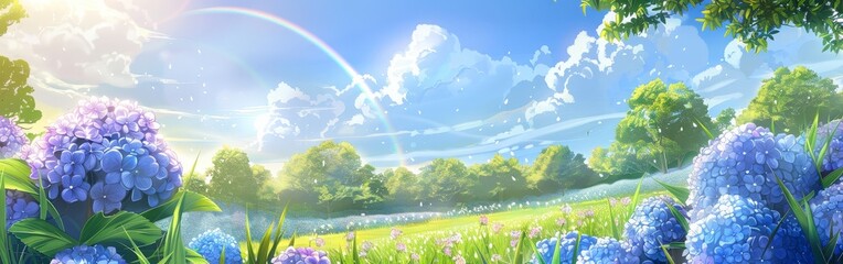 Fototapeta premium Vibrant Hydrangea Garden Under a Rainbow-filled Sky