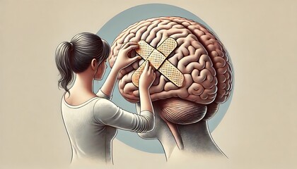 illustration of a woman placing a large bandage on a human brain, symbolizing the treatment of mental health or brain injury