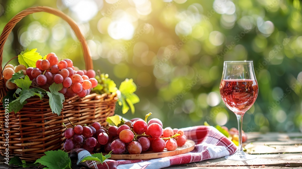 Wall mural basket of grapes and a glass of wine on the table - Wall murals