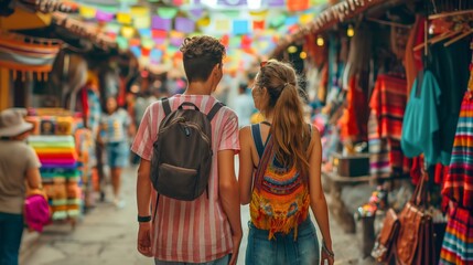 A young married couple, man and woman, tourist exploring a bustling bazaar , open-air market. Walking through shops and stores with colorful clothing . Concept of buying, people, tradition.