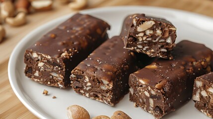 Decadent Chocolate Nut Bars on a Plate with Whole Nuts for a Sweet Snack