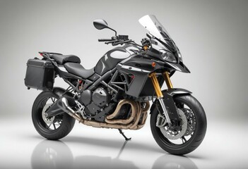 Advanced carbon fiber touring motocycle outfitted with all necessary accessories and gear, captured against a clean white background
