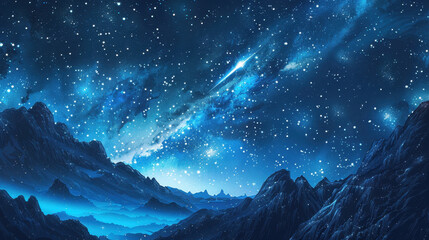 Fototapeta premium Black mountains under a starry sky with a comet streaking by, fantasy style, bright whites and deep blues, digital painting, dramatic and vibrant.
