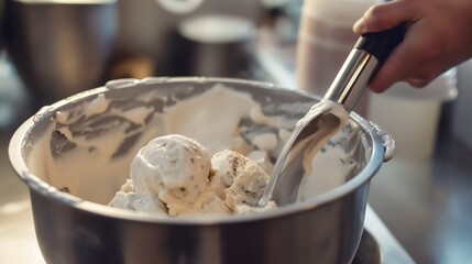 Closeup woman preparing homemade vanilla ice cream in a metal bowl on kitchen table, female making a cold, frozen refreshing dessert, delicious summer treat, sweet food.