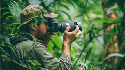 Fototapeta premium A male photographer, man traveling in the wilderness, tropical green forest or jungle surrounded by trees and foliage, with a camera in his hands photographing landscapes or wildlife.