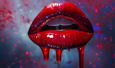 glossy Red lips with dripping, galaxy effect, white background, shiny, metallic