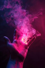 Obraz premium Glowing fantasy hand concept. Ethereal magical fantasy wisps of magical glowing neon smoke set against a black background