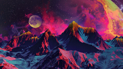 Black mountains under a cosmic starry sky, pop surrealism, bright and contrasting colors, digital art, bold and imaginative.