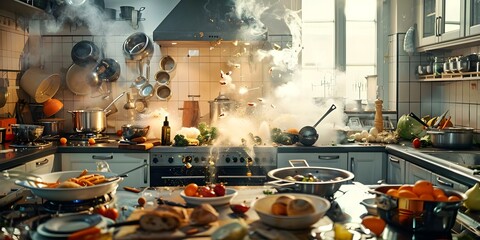 Chaos and Disarray in a Busy Kitchen Too Many Cooks Spoil the Dishes. Concept Kitchen Disasters, Overcrowded Cooking Space, Culinary Chaos, Recipe Ruins, Too Many Cooks