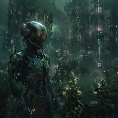 Fototapeta premium a robot in the jungle with a robot in the background