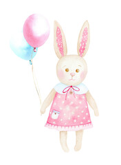 Bunny with balloons. Toys for toddlers. Watercolor illustration is hand drawn. Suitable for textiles, scrap paper, wallpaper, wrapping paper, cards, invitations and children's party decorations.