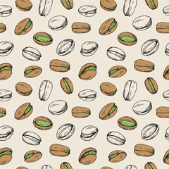Pistachios nuts seamless pattern. Hand drawn engraved repeating background with nuts. Vector illustration. Organic food ingredient. Design for label, card, print, paper, wrapping, textile, wallpaper