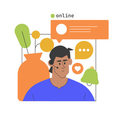 Illustration of a man working in a call center, wearing a headset with online chat notifications around him. The concept of digital communication, customer support, and online services.
