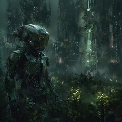 Fototapeta premium a robot in the jungle with a robot in the background