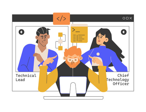 A job candidate in an online interview with a Technical Lead and Chief Technology Officer, showcasing the modern tech recruitment process, digital communication, and remote work environment. Vector.